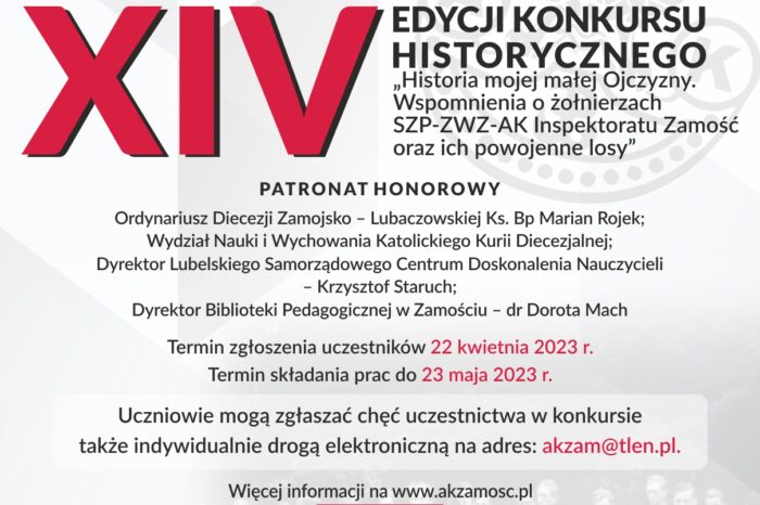 Zapraszamy do udziału w konkursie historycznym pn. „Historia mojej małej Ojczyzny. Wspomnienia o żołnierzach SZP-ZWZ-AK Inspektoratu Zamość oraz ich powojenne losy”